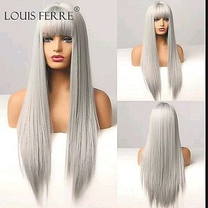 Long Straight Metalic Gray Wig